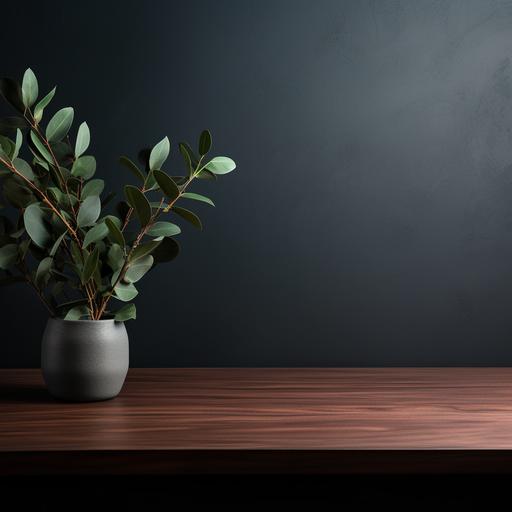 dark wood tabletop with single eucalyptus branch on the side for use as a mockup background