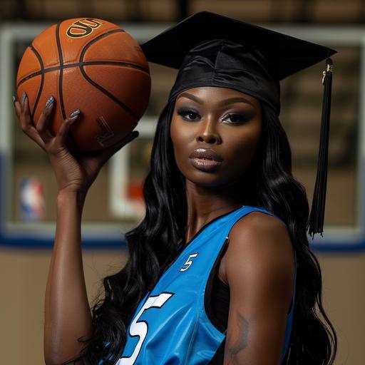 darkskin african american woman wearing a graduation cap and blue basketball uniform with number 5 on it ,holding a basketball in the palm of her hand in the air , she has long black lace wig with middle part and glam make up