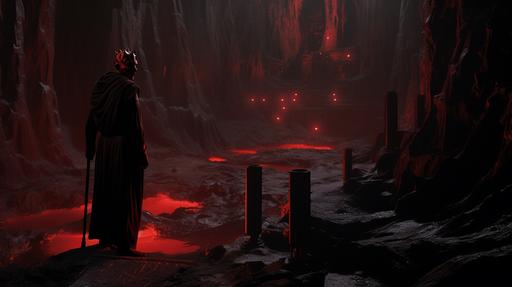 darth maul at the bottom of the pit in episode 1 using obi wans lightsaber to cauterize his midsection --ar 16:9