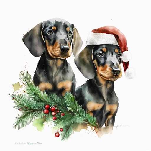 daschund puppies with santa hats on, clipart, with holly leaves in background, in watercolour --v 4