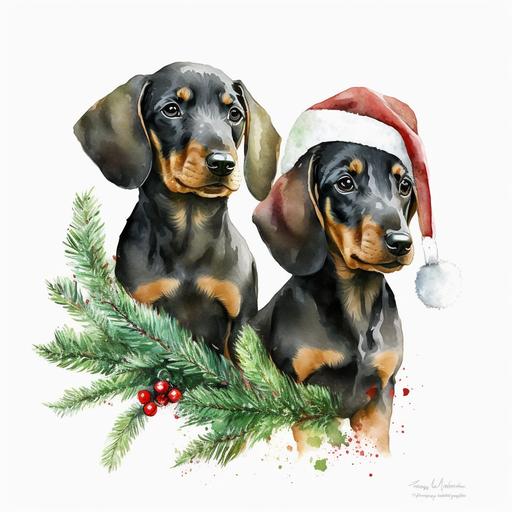 daschund puppies with santa hats on, clipart, with holly leaves in background, in watercolour --v 4