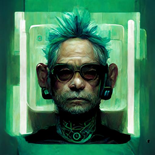 daster, human cyberpunk, in a gamer chair, green hair