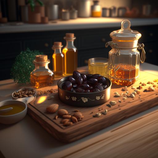 dates and nuts and olive oil and honey in kitchen, wide shot, day mode, 8K, realistic style, ray tracing, FXAA, high quality --v 4