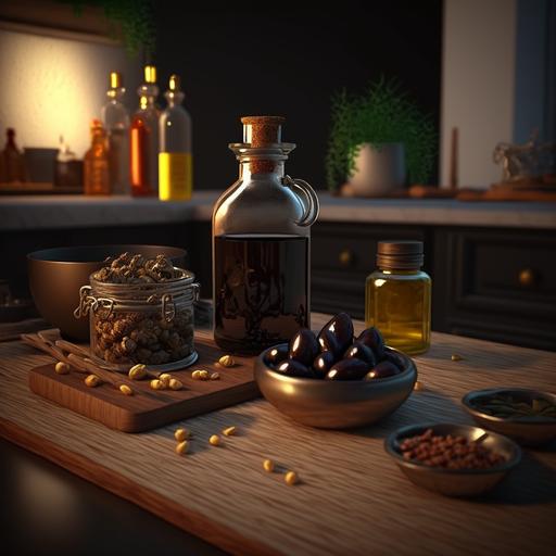 dates and nuts and olive oil in kitchen, wide shot, day mode, 8K, realistic style, ray tracing, FXAA, high quality --v 4