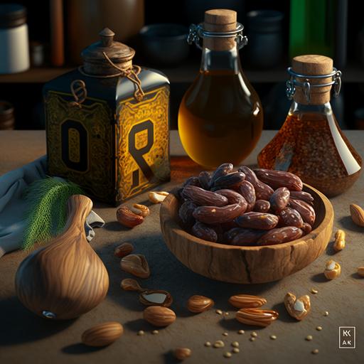 dates and nuts and olive oil with 3d question mark in kitchen, wide shot, day mode, 8K, realistic style, ray tracing, FXAA, high quality --v 4