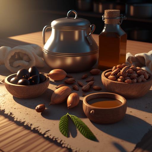 dates and nuts and olive oil with 3d question mark in kitchen, wide shot, day mode, 8K, realistic style, ray tracing, FXAA, high quality --v 4