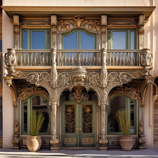 a western alembic shop facade detail intent carved entrance windows balcony porch fine crafted high desert west sage brush silver selenite and gold in the hills