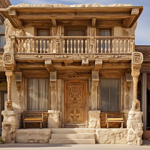 a western alembic shop facade detail intent carved entrance windows balcony porch fine crafted high desert west sage brush silver selenite and gold in the hills