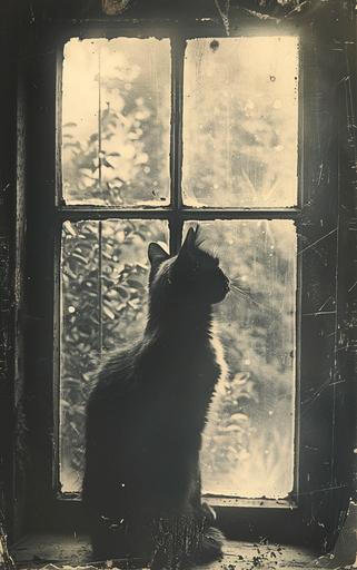 synthwave ambrotype vintage paper print storybook illustration of a cat gazing out of an open window at a beautiful garden beyond --ar 5:8 --v 6.0 --s 550