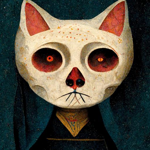 day of the dead cat from handmaid's tale, hieronymus bosch style