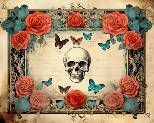 day of the dead them, distressed framed antique journal page, flat piece of digital paper, vintage mexican, gold hearts, flowers, butterflies, ornate framed corners at the corners of the pages, turquoise, red and black, with a vintage illustration theme, vintage paper --ar 10:8 --v 5.2