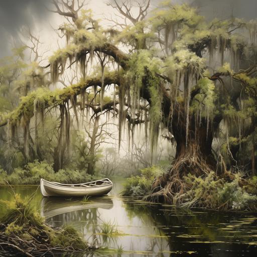 A giant, weeping tree covered with tillandsia usneoides on its branches, in a bright swamp where the grass is drowned in water. There is a tiny white boat on the water.