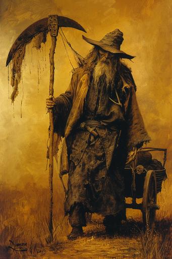 A very tall and thin old man, holding in his hand a scythe mounted upside down to cut through souls. He collects these souls in his cart. We see it in the moors, in Brittany. --ar 2:3