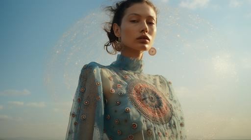 dazed editorial style, A beautiful model (gen z, culture equality) is wearing very embroidery (extremely crafted) and hadcrafted contemporary clothes (beige and rosee colors, acquamarine and dark blue). Summer 2025. deep blue starring cosmic space in the background --ar 16:9