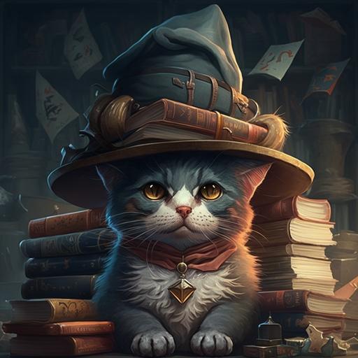 d&d character, a cat wearing a hat, surrounded by stacks and stacks of hats, wizard hats, flat caps, fidoras