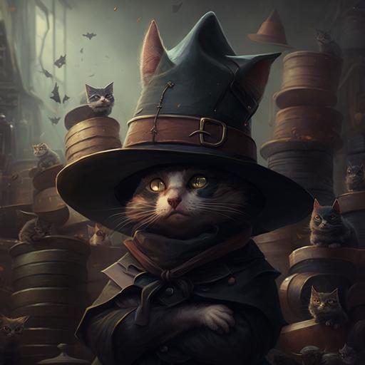d&d character, a cat wearing a hat, surrounded by stacks and stacks of hats, wizard hats, flat caps, fidoras