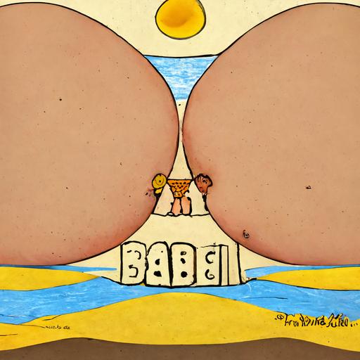 in front of tower of babel mother feeding milk twin baby bikini beach cartoon