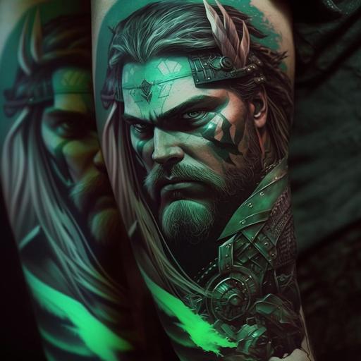 un enano guerrero con el brazo izquierdo verde y con runas vikingas