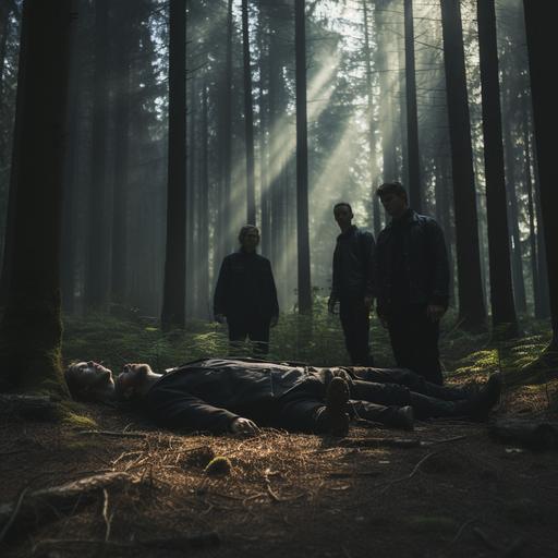 dead person lied on ground in scary forest and person is full of that someone killed him and surrounded by three of his friends