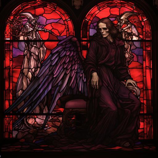 death character, overlooking a sleeping angel character, in a bed in front of a stained glass window made of red and purple glass