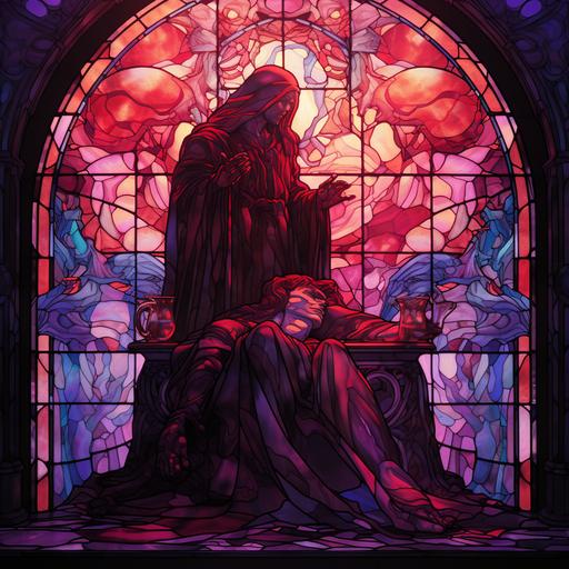 death character, overlooking a sleeping angel character, in a bed in front of a stained glass window made of red and purple glass