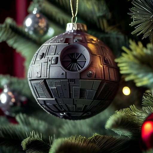 death star from star wars Christmas ornament hanging from Christmas tree, battle around death star, highly detailed, photography, photorealistic, cinematic, ray tracing --q 2 --upbeta --stylize 885 --chaos 33