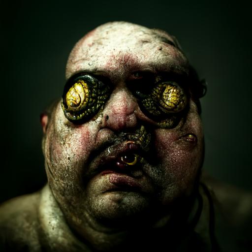 decaying fat man with snakes coming out of his eyes, close up, creepy, dark, cinematic lighting, realistic