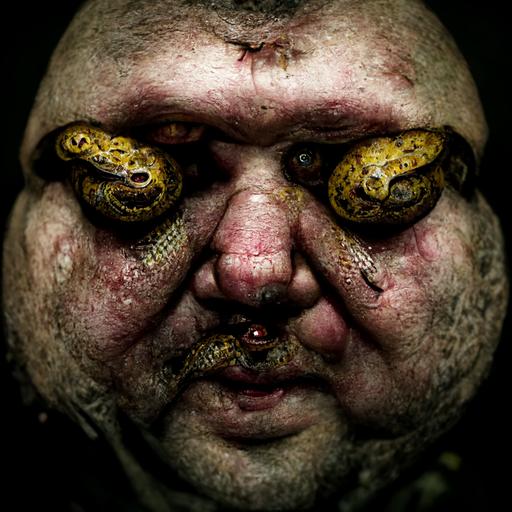 decaying fat man with snakes coming out of his eyes, close up, creepy, dark, cinematic lighting, realistic