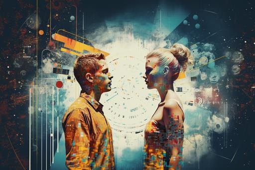 decision ecliptic :: 12 years old european white friendly boy and girl singing, pop art poster, 2020s. futuristic vintage Photographic collage. Double exposure. Digital mixed, vintage imagery. Low grade photographs. by Sammy Slabbinck, eugenialoli, Danai Gkoni --ar 3:2