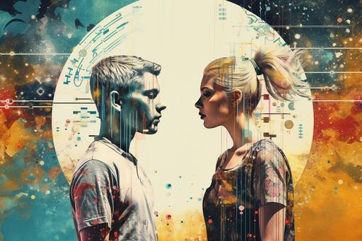 decision ecliptic :: 12 years old european white friendly boy and girl singing, pop art poster, 2020s. futuristic vintage Photographic collage. Double exposure. Digital mixed, vintage imagery. Low grade photographs. by Sammy Slabbinck, eugenialoli, Danai Gkoni --ar 3:2