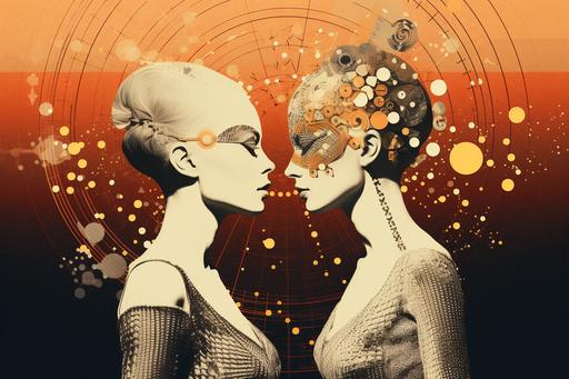 decision music ecliptic :: 12 years old european white friendly boy and girl singing, pop art poster, 2020s. futuristic vintage Photographic collage. Double exposure. Digital mixed, vintage imagery. Low grade photographs. by Sammy Slabbinck, eugenialoli, Danai Gkoni --ar 3:2
