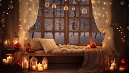decorated, rustic christmas window, christmas lights, candles, warm and cozy atmosphere, cozy light, --ar 160:91