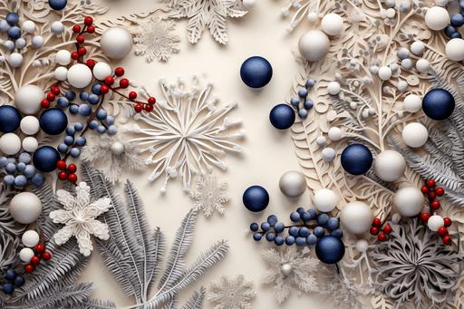 decoration christmas tree, cotton decorations, berries and red ornaments, in the style of delicate paper cutouts, uhd image, y2k aesthetic, wood, light brown and white, embroidery, light gray and navy --ar 128:85