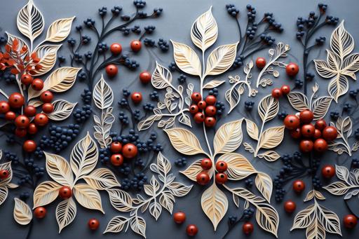 decoration christmas tree, cotton decorations, berries and red ornaments, in the style of delicate paper cutouts, uhd image, y2k aesthetic, wood, light brown and white, embroidery, light gray and navy --ar 128:85