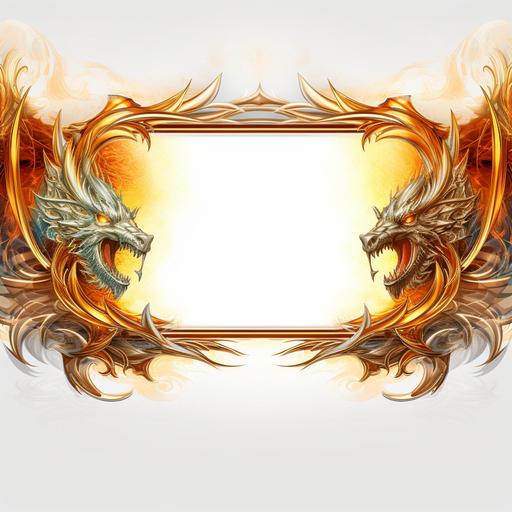 decorative horizontal rectangle frame with golden cool metalic dragon on, background white, nill in lower half of inside of flame, ar 54:86