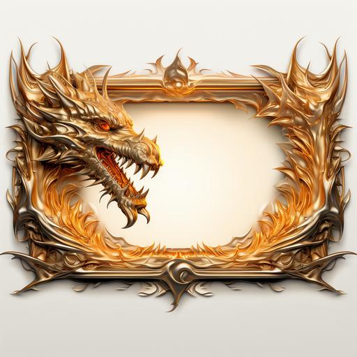 decorative horizontal rectangle frame with golden cool metalic dragon on, background white, nill in lower half of inside of flame, ar 54:86