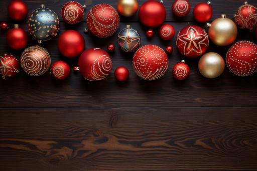 decorative red balls and ornaments on a wooden table, in the style of aerial photography, smilecore, judson huss, charles wysocki, rudolph belarski, angular, the stars art group (xing xing) --ar 3:2