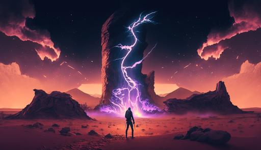 deep in the saharan desert littered with electronics stands a tall handsome man with his finger pointing high to the sky sets off neon lightning bolts, 8k, hd, wallpaper, --ar 16:9