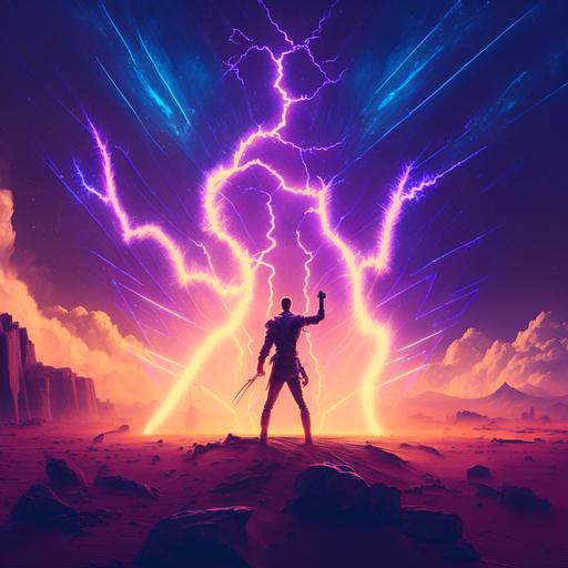 deep in the saharan desert littered with electronics stands a tall handsome man with his finger pointing high to the sky sets off neon lightning bolts, 8k, hd, wallpaper