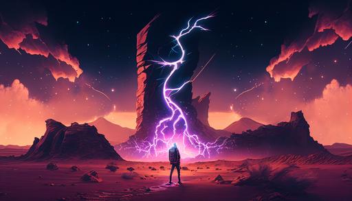 deep in the saharan desert littered with electronics stands a tall handsome man with his finger pointing high to the sky sets off neon lightning bolts, 8k, hd, wallpaper, --ar 16:9