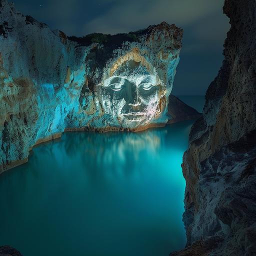 deep in the waters of the Kelimutu crater, a beautiful, ghostly face appears. inspired by pre-colonial Indonesian art. time lapse photography at night