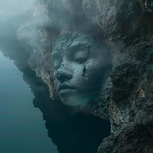 deep in the waters of the Kelimutu crater, a beautiful, ghostly face of an Indonesian woman appears. inspired by pre-colonial Indonesian art. haunting. a world heritage site.