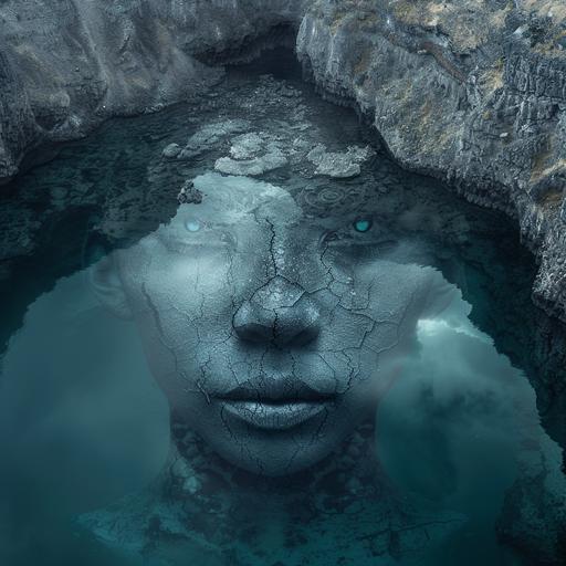 deep in the waters of the Kelimutu crater, a beautiful, ghostly face of an Indonesian woman appears. inspired by pre-colonial Indonesian art. haunting. a world heritage site.