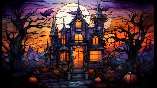 deep purple and burnt orange haunted house with Cerberus statues spooky floral wonderland, watercolor stained glass, Thomas Kincaid --ar 16:9