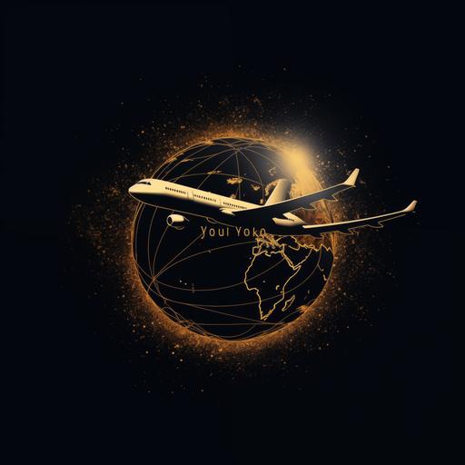 deep space black background translucent gold 4k speckled globe outlined by rising sun view from space silhouette off bottom of airplane in flight flying through globe inside center of globe heading ‘RVA’ trash hand font letters intertwine subheading ‘Travel & Tours’ slightly smaller size calligrapher font