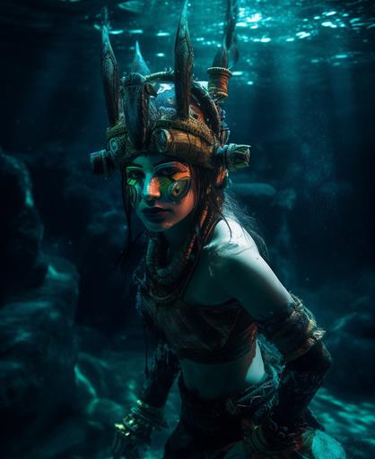 deep underwater in the dark of night swimming in action beautiful female Aztec warrior theif trying to escape after stealing parts for her ship in the sunken city of atlantis, in the style of martina fackova, lost in an underwater furistic city in an alternate reality, It is dark but there is a neon brightness coming from the city, bright steampunk, Strange, attention grabbing and interesting, Global highly detailed, rich tapestries of color, multilayered dimensions, rich highlights, biotech, 35mm --v 5 --q 2 --ar 9:11
