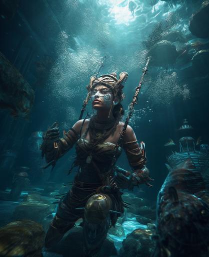 deep underwater swimming in action beautiful female Aztec warrior theif trying to escape after stealing parts for her ship in the sunken city of atlantis, in the style of martina fackova, lost in an underwater furistic city in an alternate reality, It is dark exempt for high brightness coming from the city, bright steampunk, Strange, attention grabbing and interesting, Global highly detailed, rich tapestries of color, multilayered dimensions, rich highlights, biotech, 35mm --v 5 --q 2 --ar 9:11
