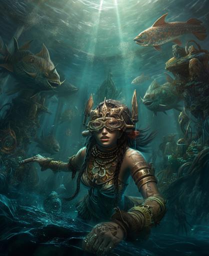 deep underwater swimming in action beautiful female Aztec warrior theif trying to escape after stealing parts for her ship in the sunken city of atlantis, lost in an underwater furistic city in an alternate reality, It is dark exempt for high brightness coming from the city, bright steampunk, Strange, attention grabbing and interesting, Global highly detailed, rich tapestries of color, multilayered dimensions, rich highlights, biotech, 35mm --v 5 --q 2 --ar 9:11