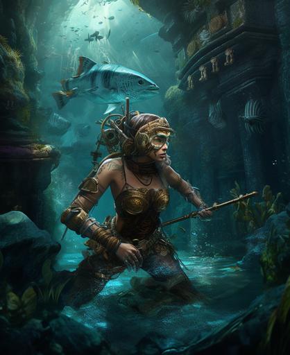 deep underwater swimming in action beautiful female Aztec warrior theif trying to escape after stealing parts for her ship in the sunken city of atlantis, in the style of martina fackova, lost in an underwater furistic city in an alternate reality, It is dark exempt for high brightness coming from the city, bright steampunk, Strange, attention grabbing and interesting, Global highly detailed, rich tapestries of color, multilayered dimensions, rich highlights, biotech, 35mm --v 5 --q 2 --ar 9:11