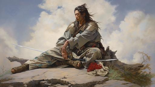 defeated samurai, standing with his sword lowered to the ground, daytime --ar 16:9 --no blood